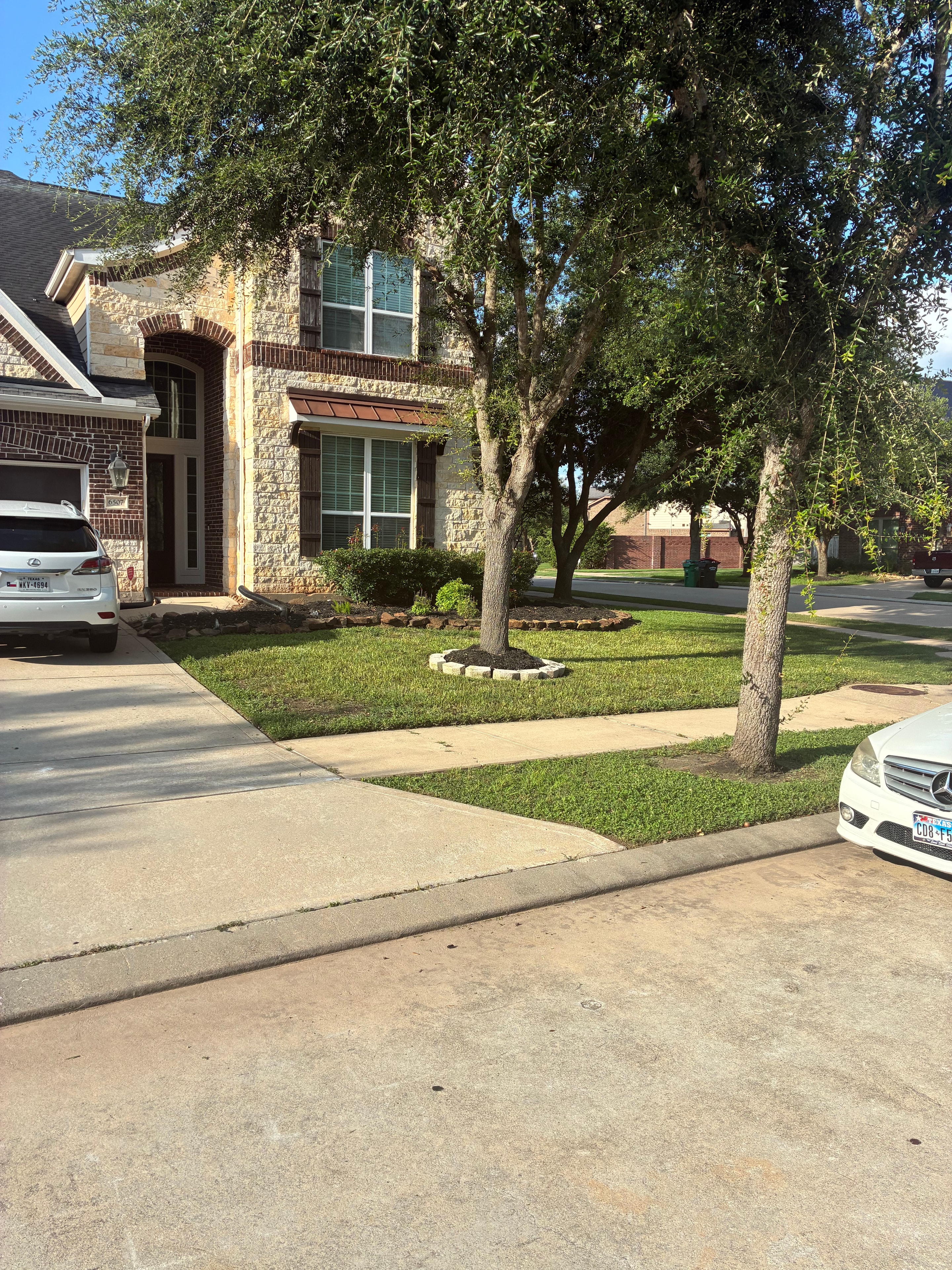 Stone home with mowed lawn and clean tree rings
